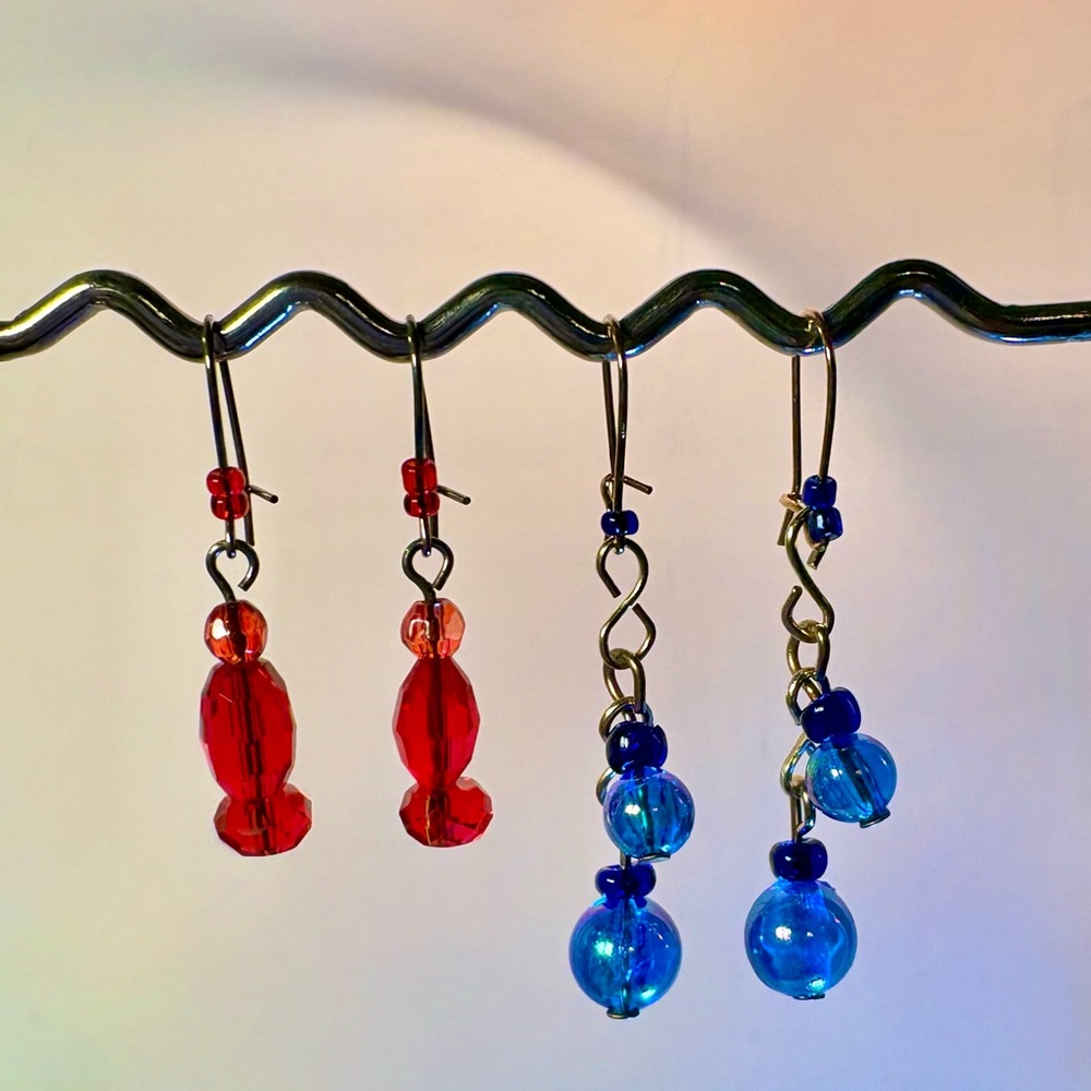 Earrings Pierced Handcrafted Unique Red Faceted Glass Beads & Blue Ball Beads